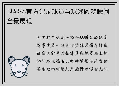 世界杯官方记录球员与球迷圆梦瞬间全景展现