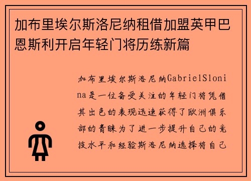 加布里埃尔斯洛尼纳租借加盟英甲巴恩斯利开启年轻门将历练新篇 加布里埃尔斯洛尼纳租借加盟英甲巴恩斯利开启年轻门将历练新篇
