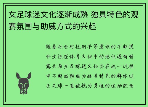 女足球迷文化逐渐成熟 独具特色的观赛氛围与助威方式的兴起