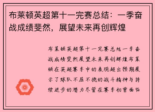 布莱顿英超第十一完赛总结：一季奋战成绩斐然，展望未来再创辉煌