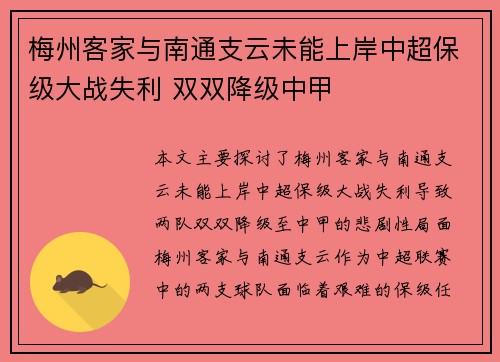 梅州客家与南通支云未能上岸中超保级大战失利 双双降级中甲